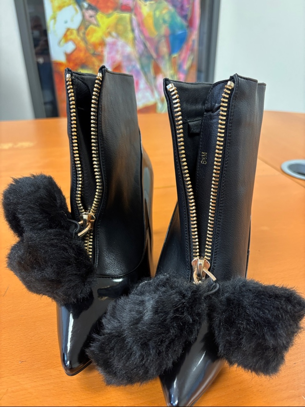 Ashro Black Patent Pointed Toe Ankle Boots with Pom Pom Zippers